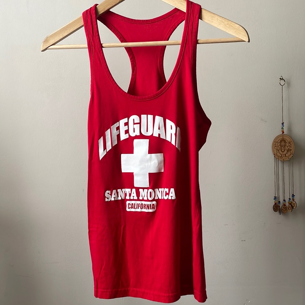 Red Santa Monica California Beach Lifeguard Razorback Tank-top- Size Small
